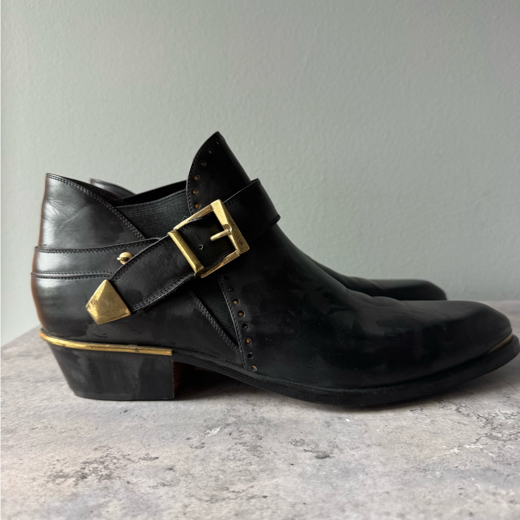 Versace Black Leather Slip-On Loafers With Gold Buckle